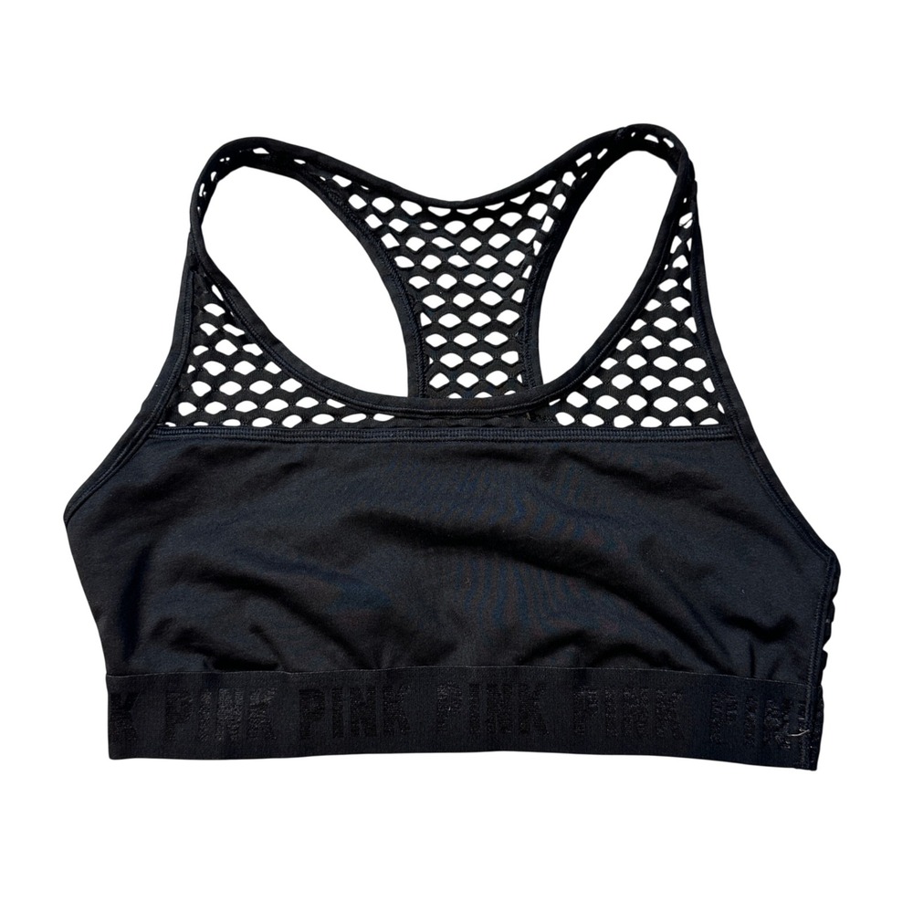 PINK Sports Bra‎ Womens S Black Fishnet Mesh Racerback Logo Elastic Band Workout